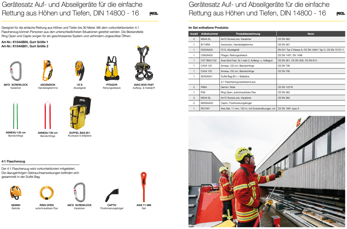 Feuerwehr Gerätesatz Auf- und Abseilgeräte für die einfache Rettung aus Höhen und Tiefen DIN 14800 - 16